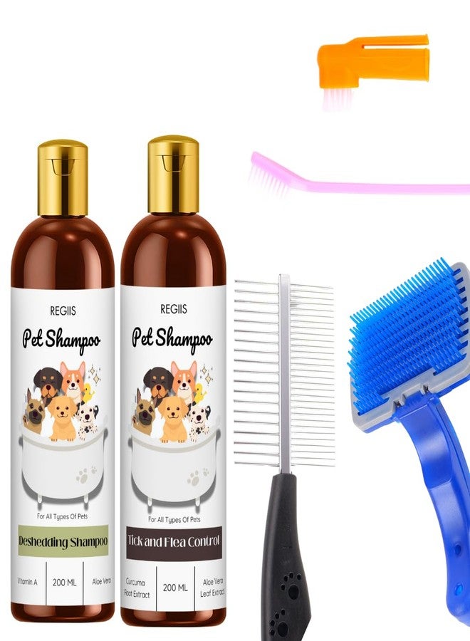 مجموعة العناية بالحيوانات الأليفة مع شامبو لإزالة الشعر الزائد ومكافحة القراد، سعة كل منها 200 مل، وفرشاة احترافية للحيوانات الأليفة للكلاب والقطط (عبوة من 5 قطع) - Image 1